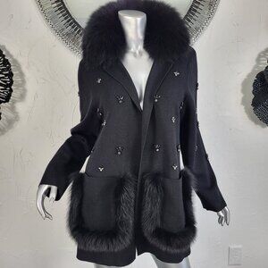 NWT~$648~KOBI HALPERIN~XL~BLACK EMBELLISHED SWEATER GENUINE REAL FOX FUR COAT
